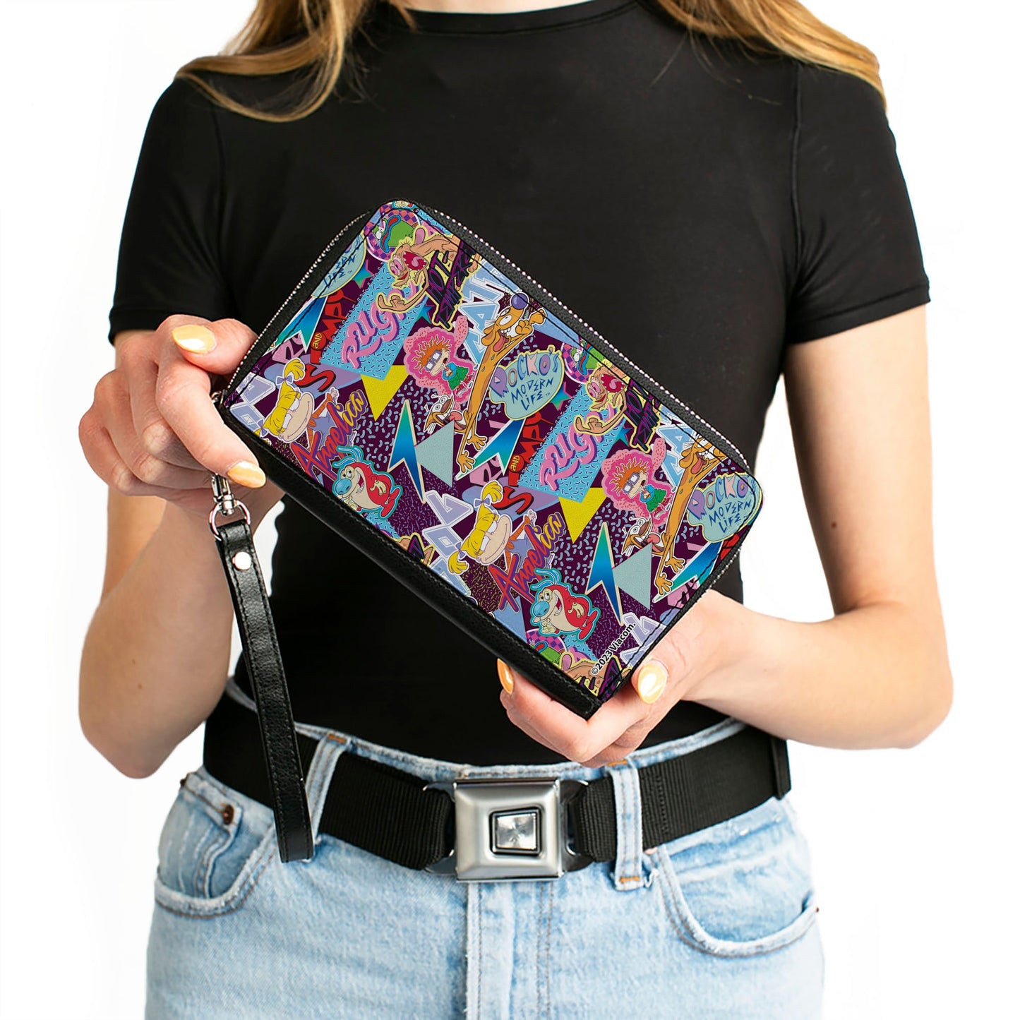 PU Zip Around Wallet Rectangle - Nick 90's Show Logos and Characters Collage Purple/Multi Color