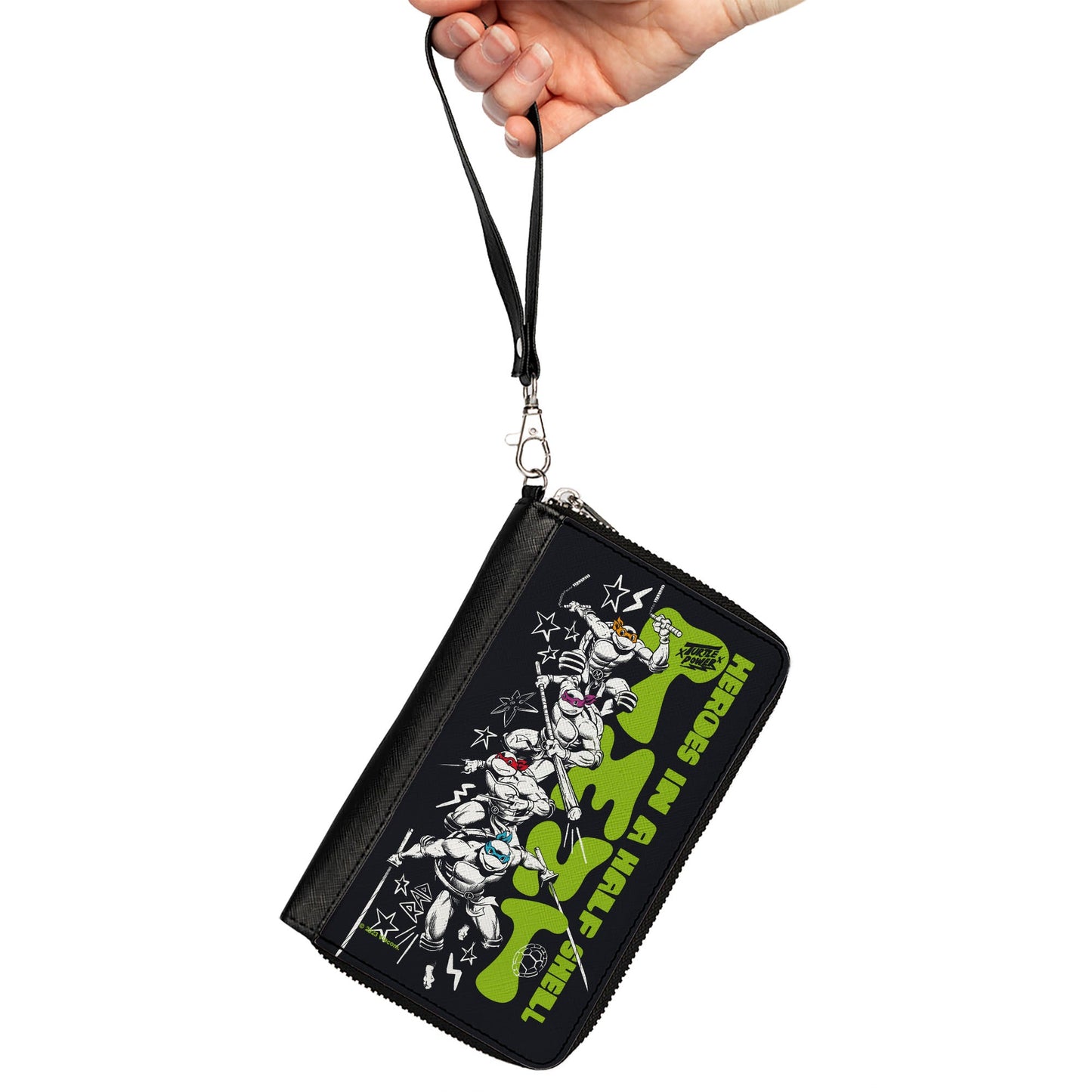 PU Zip Around Wallet Rectangle - Teenage Mutant Ninja Turtles TMNT TURTLES IN A HALF SHELL Action Poses Black/White/Green