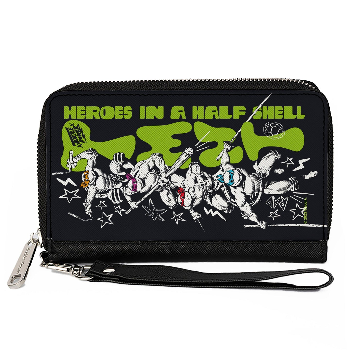 PU Zip Around Wallet Rectangle - Teenage Mutant Ninja Turtles TMNT TURTLES IN A HALF SHELL Action Poses Black/White/Green