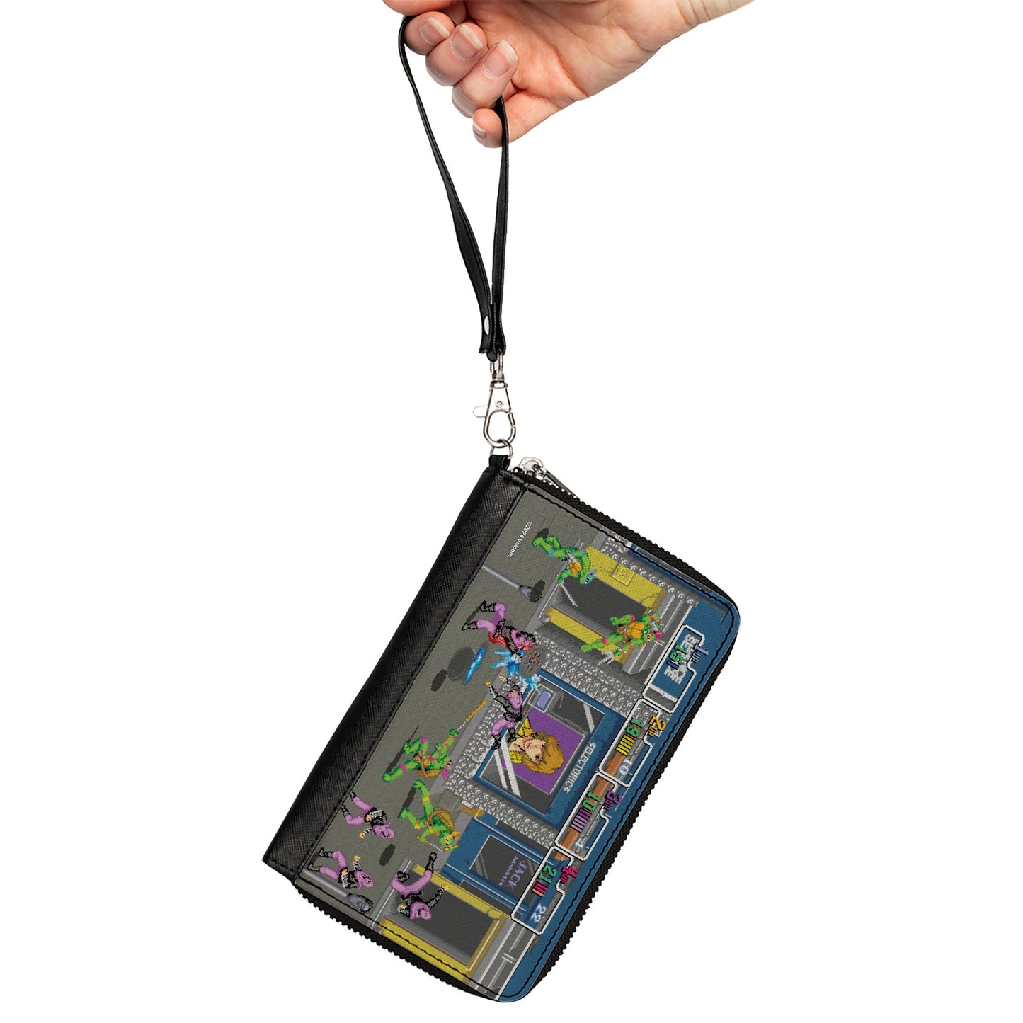 PU Zip Around Wallet Rectangle - Teenage Mutant Ninja Turtles Battle Purple Foot Soldier Ninja Arcade Scene Grays