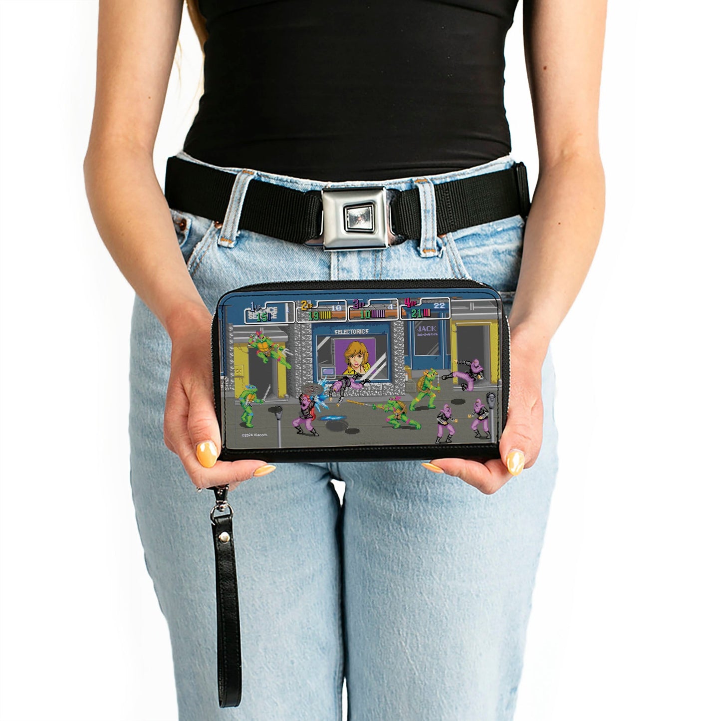 PU Zip Around Wallet Rectangle - Teenage Mutant Ninja Turtles Battle Purple Foot Soldier Ninja Arcade Scene Grays