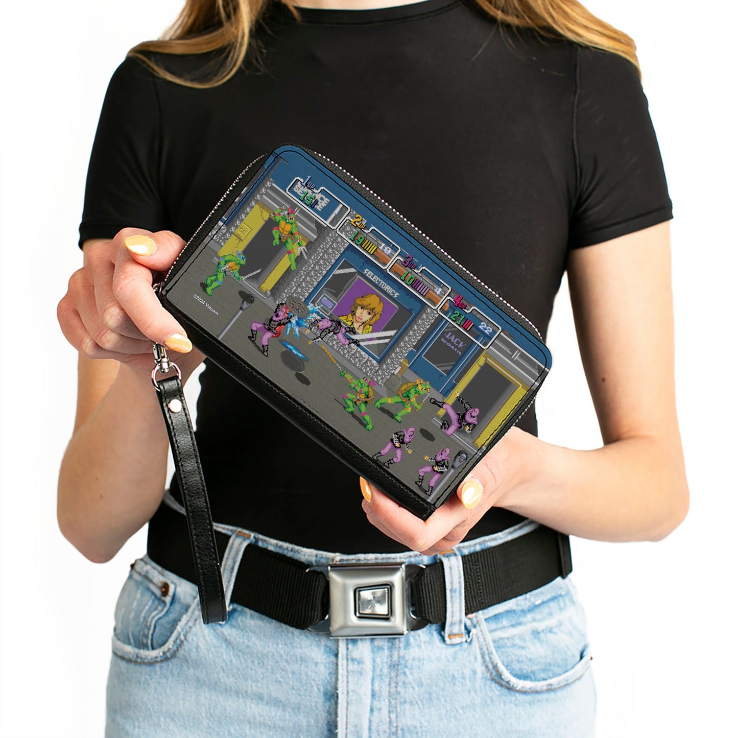 PU Zip Around Wallet Rectangle - Teenage Mutant Ninja Turtles Battle Purple Foot Soldier Ninja Arcade Scene Grays