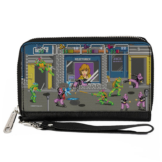 PU Zip Around Wallet Rectangle - Teenage Mutant Ninja Turtles Battle Purple Foot Soldier Ninja Arcade Scene Grays