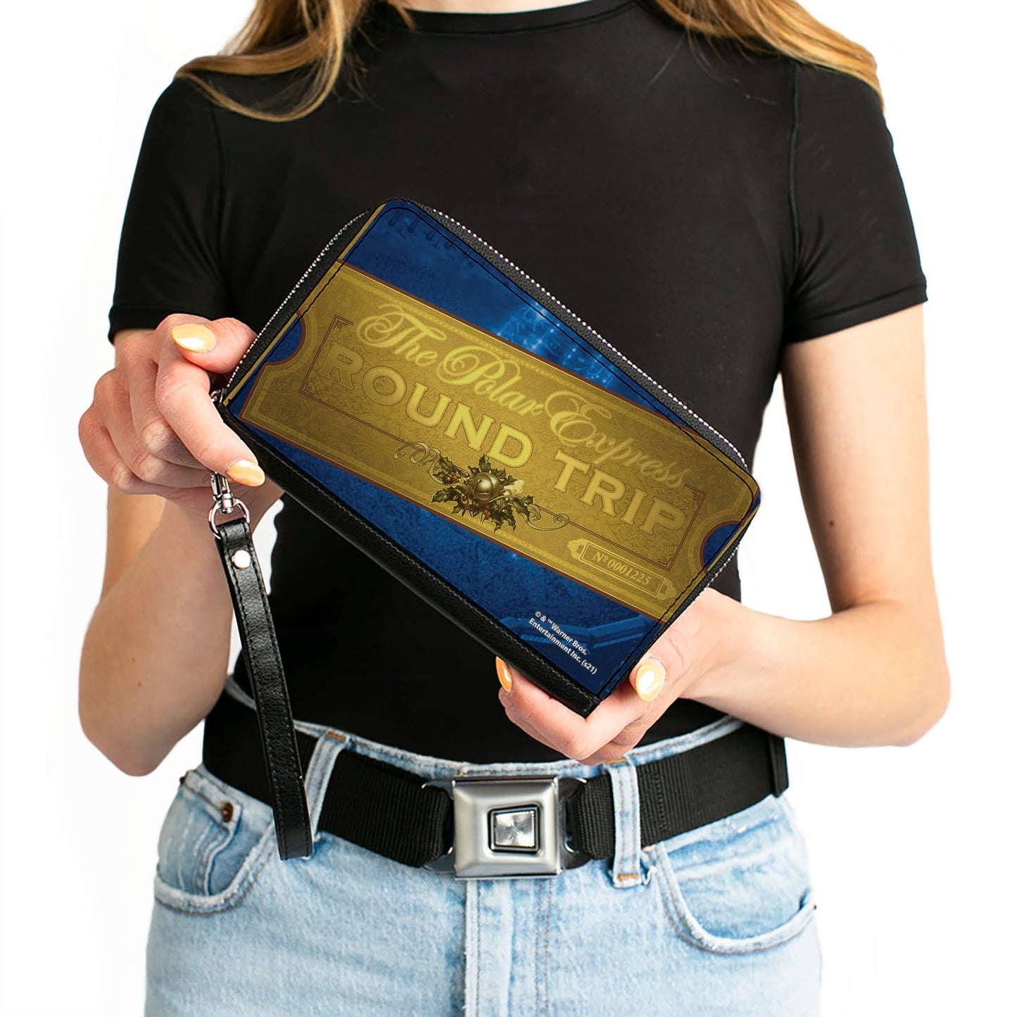 Women's PU Zip Around Wallet Rectangle - THE POLAR EXPRESS ROUND TRIP Train Ticket Blues Golds