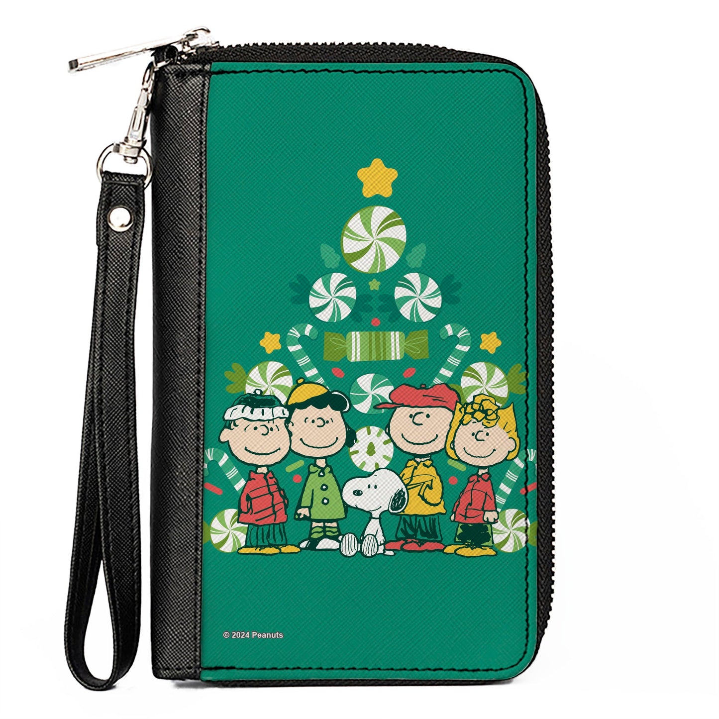 PU Zip Around Wallet Rectangle - Peanuts Holiday Christmas Tree Group Pose Greens