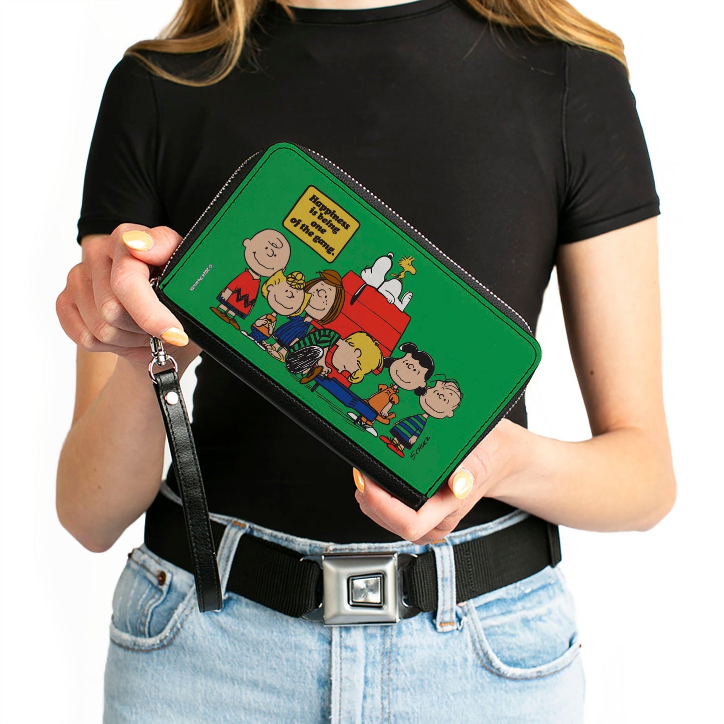 PU Zip Around Wallet Rectangle - Peanuts Gang HAPINESS IS BEING ONE OF THE GANG Group Pose Green