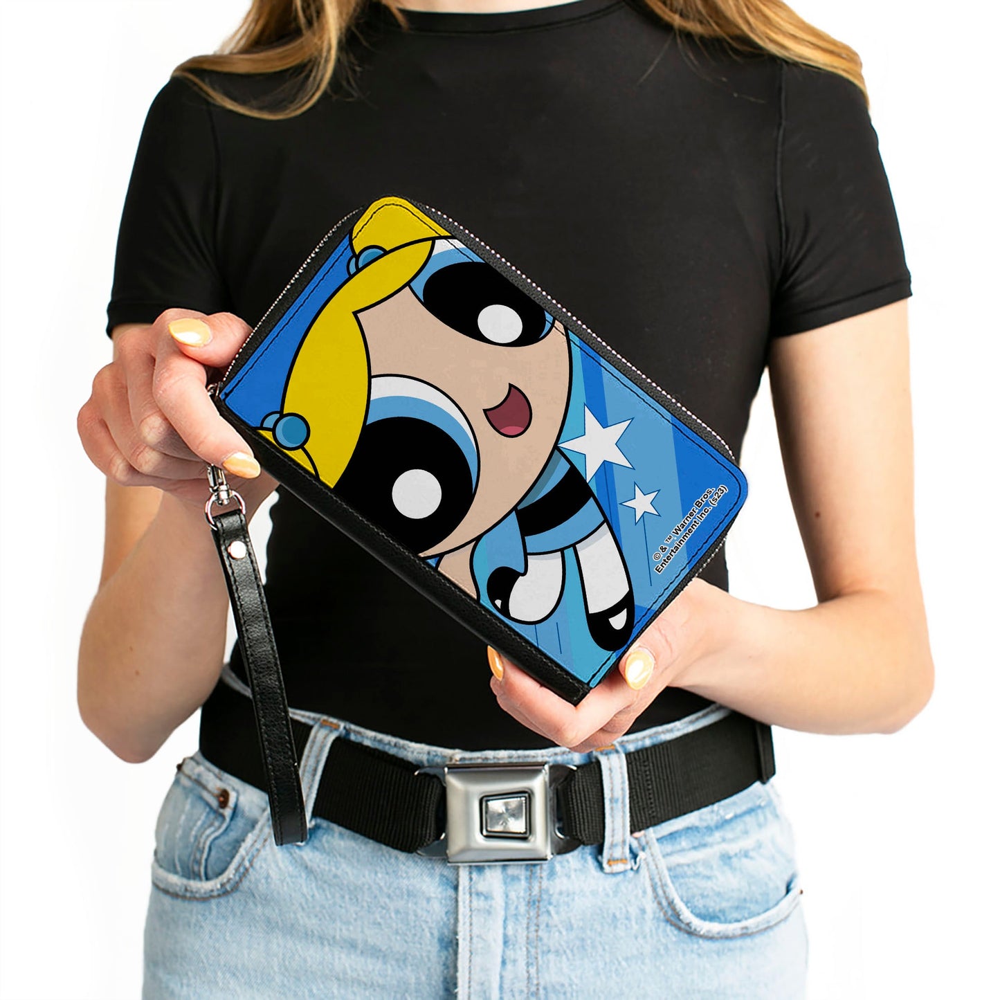 PU Zip Around Wallet Rectangle - The Powerpuff Girls Bubbles Close-Up Pose Blues