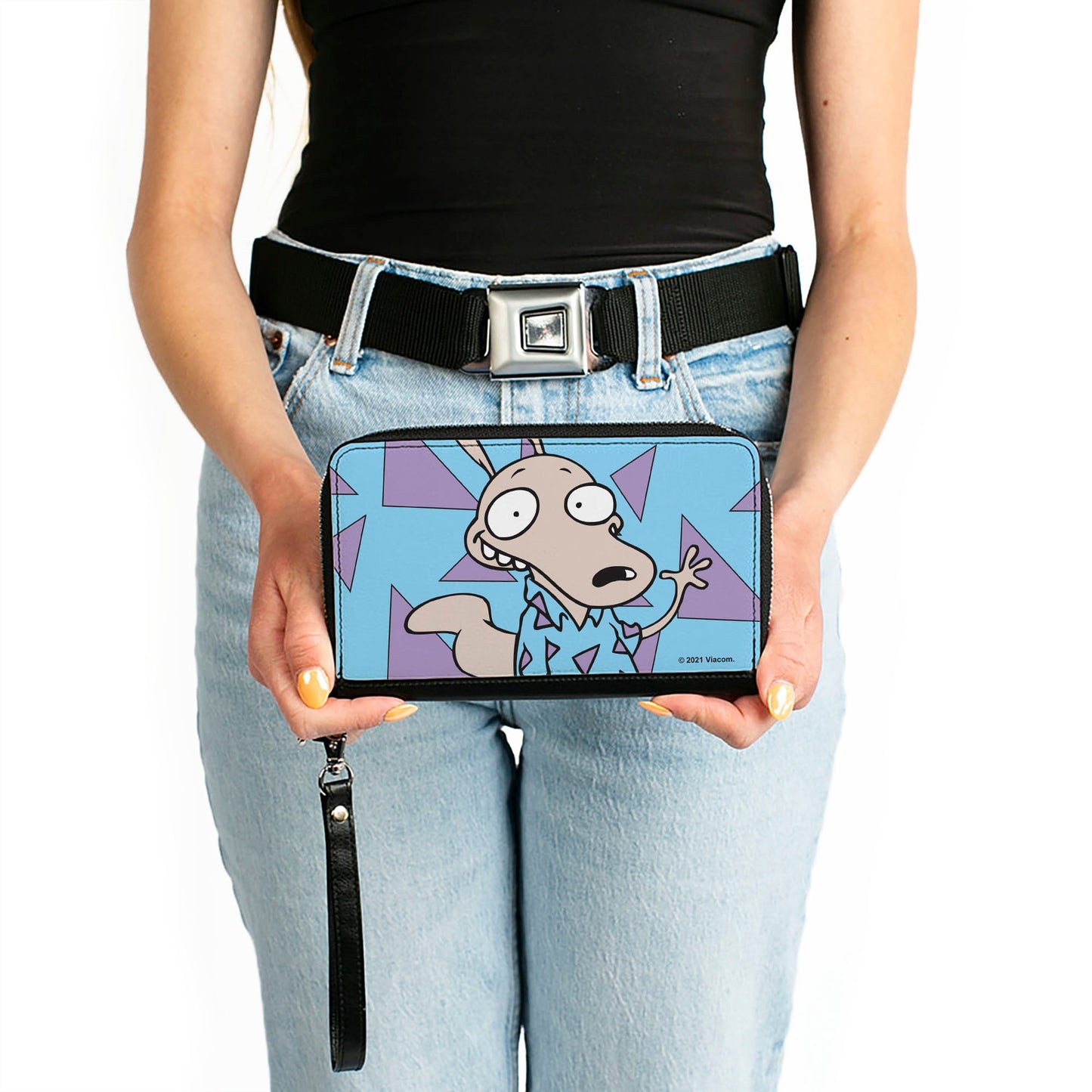 PU Zip Around Wallet Rectangle - Rocko's Modern Life Rocko Waving Pose Triangles Blue Purple