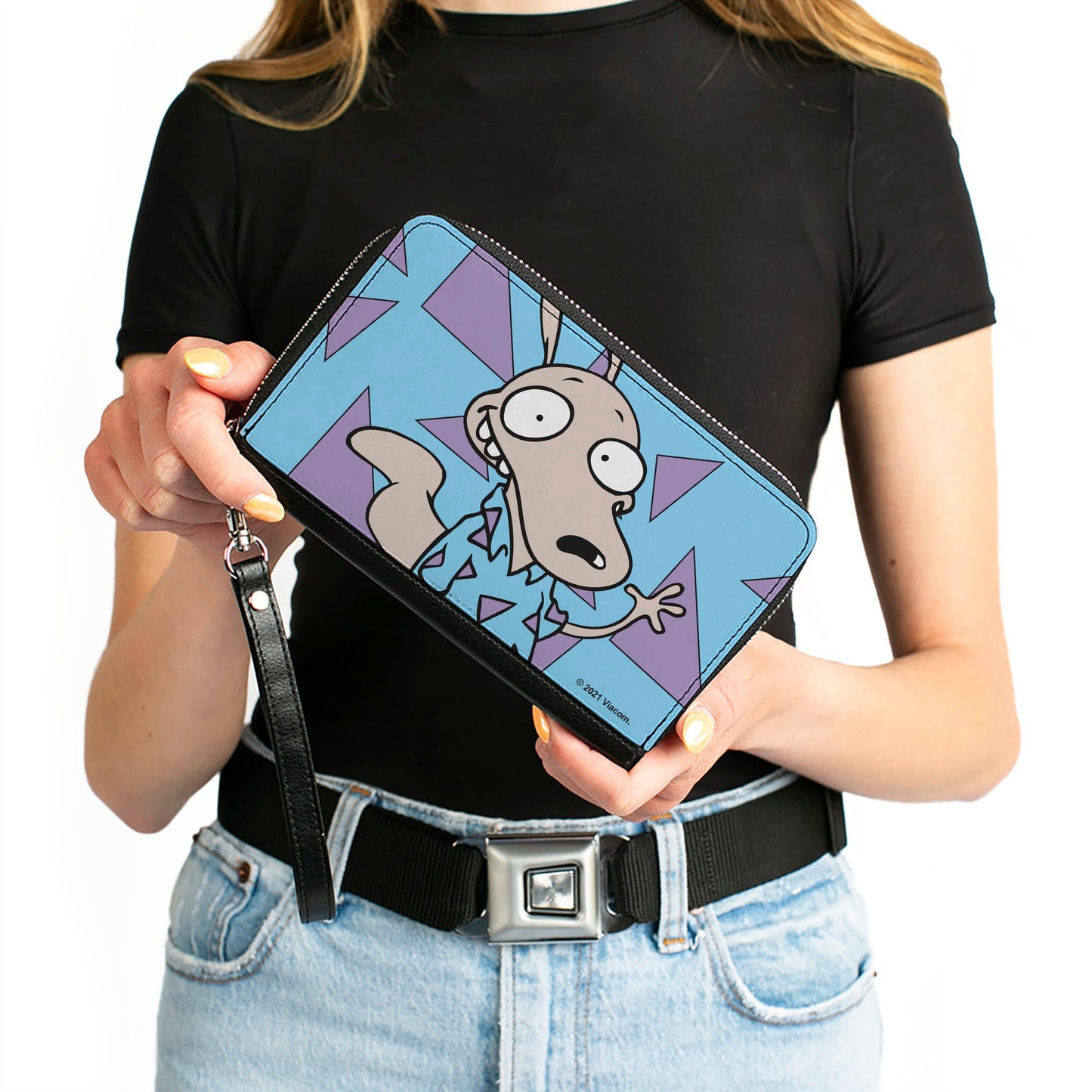 PU Zip Around Wallet Rectangle - Rocko's Modern Life Rocko Waving Pose Triangles Blue Purple