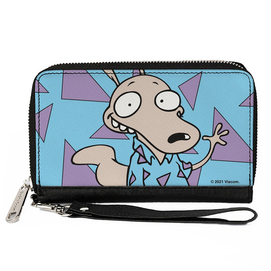 PU Zip Around Wallet Rectangle - Rocko's Modern Life Rocko Waving Pose Triangles Blue Purple