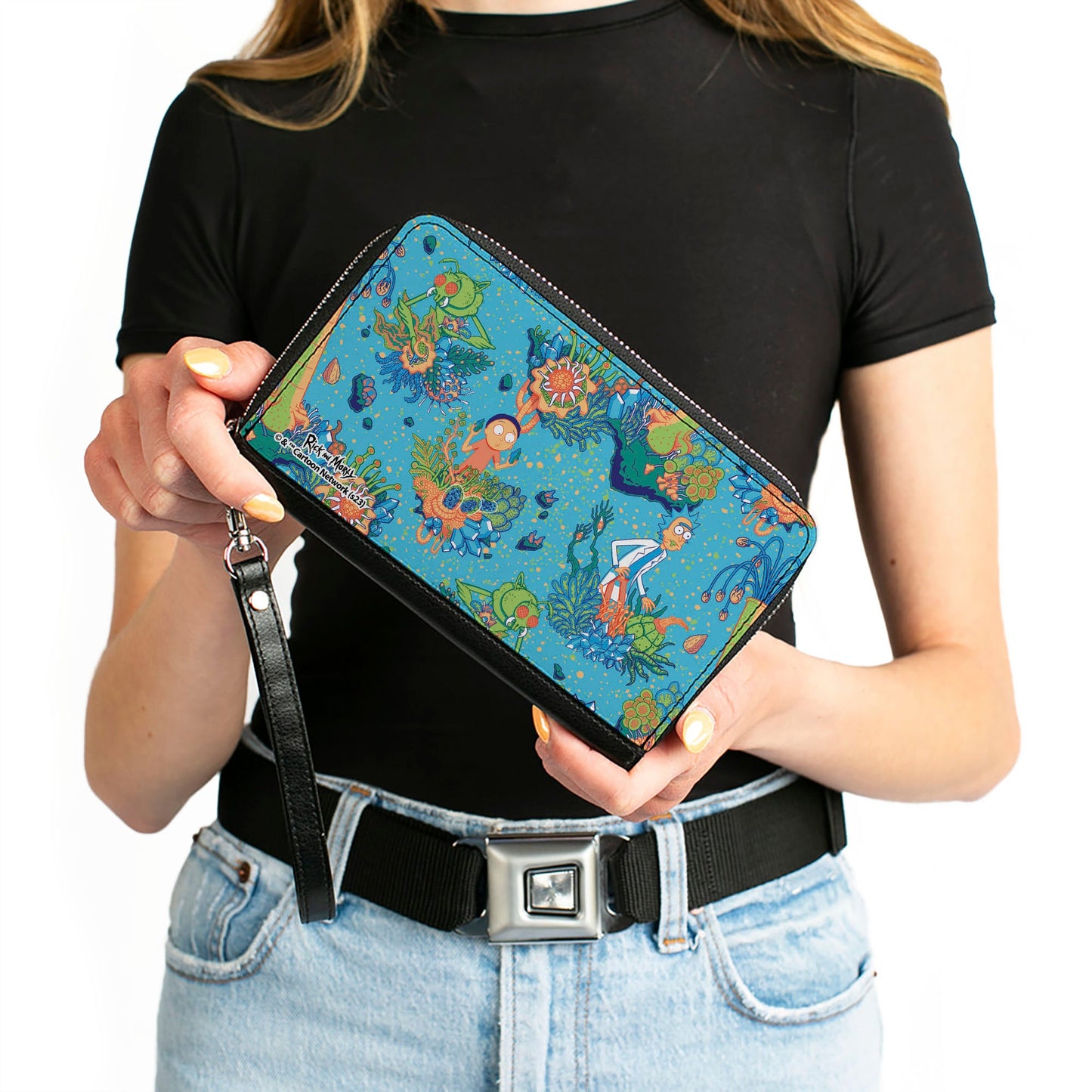 PU Zip Around Wallet Rectangle - Rick and Morty Botanical Garden Collage Blue