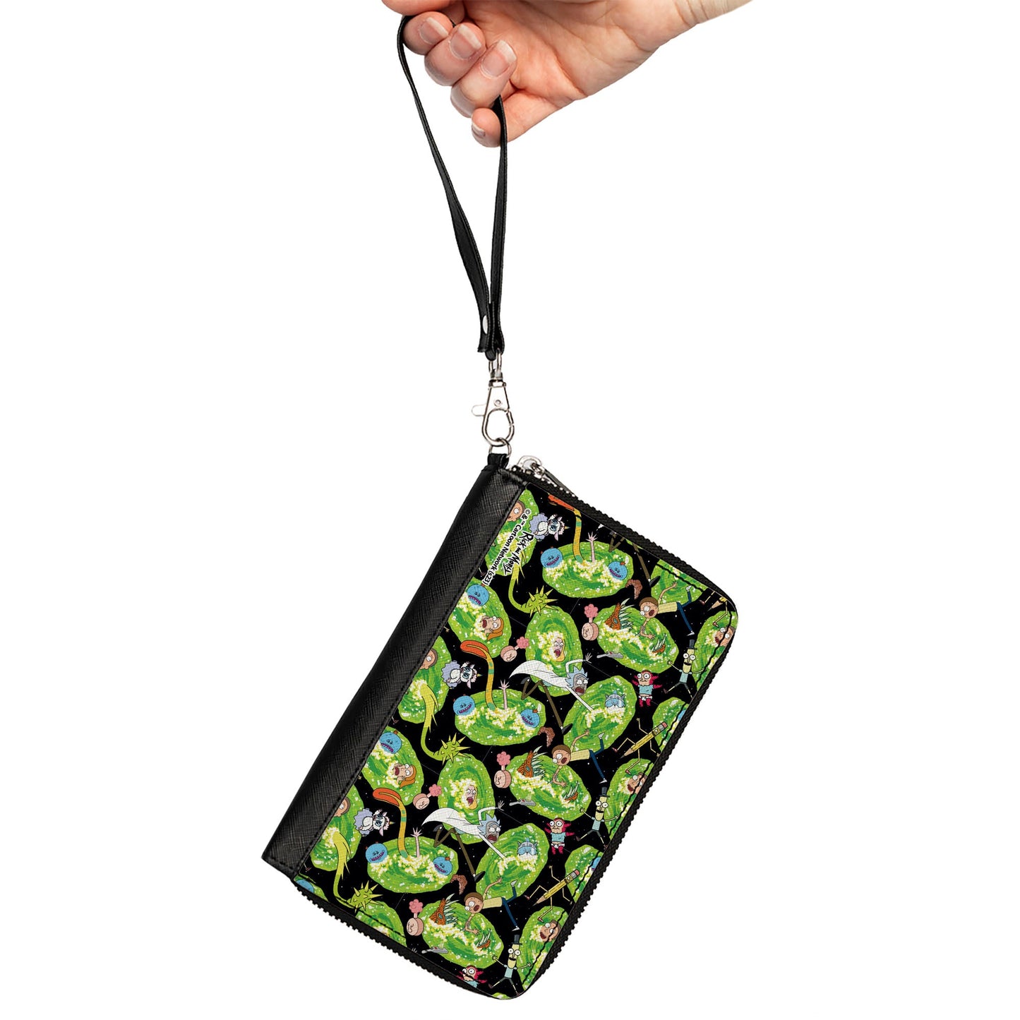 PU Zip Around Wallet Rectangle - Rick and Morty Portal Multi Character Scattered Black/Green