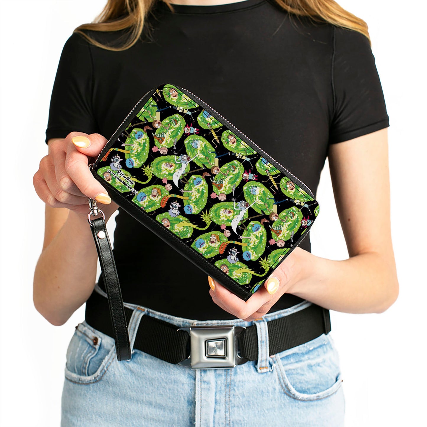 PU Zip Around Wallet Rectangle - Rick and Morty Portal Multi Character Scattered Black/Green