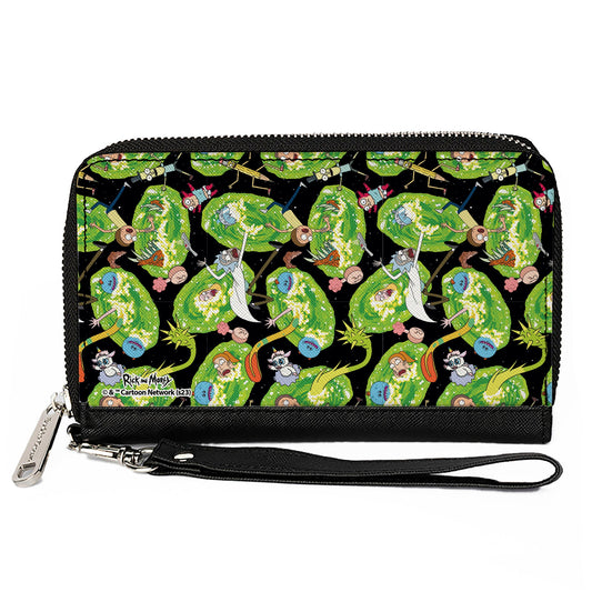 PU Zip Around Wallet Rectangle - Rick and Morty Portal Multi Character Scattered Black/Green