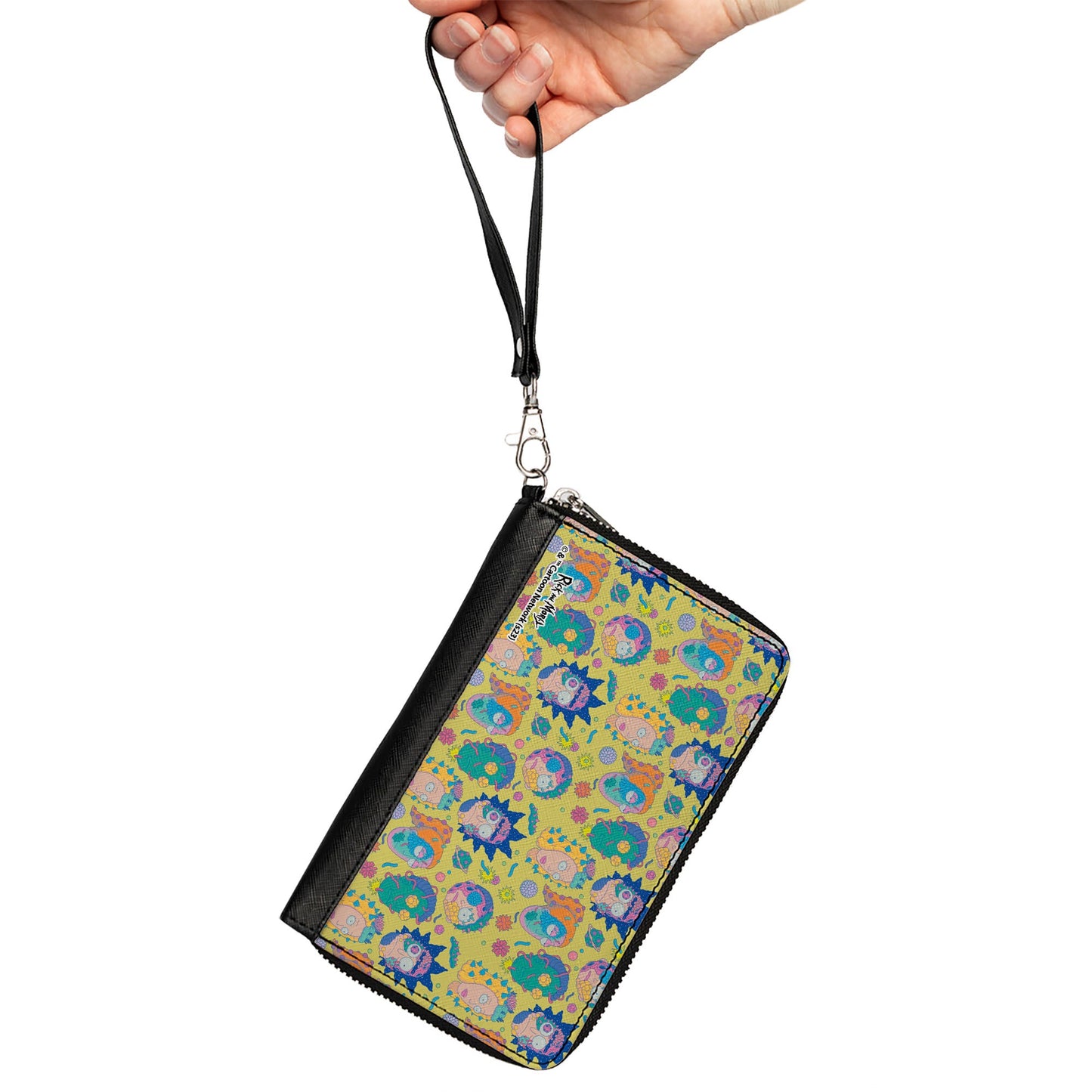 PU Zip Around Wallet Rectangle - Rick and Morty Smith Family Faces and Cells Collage Yellow