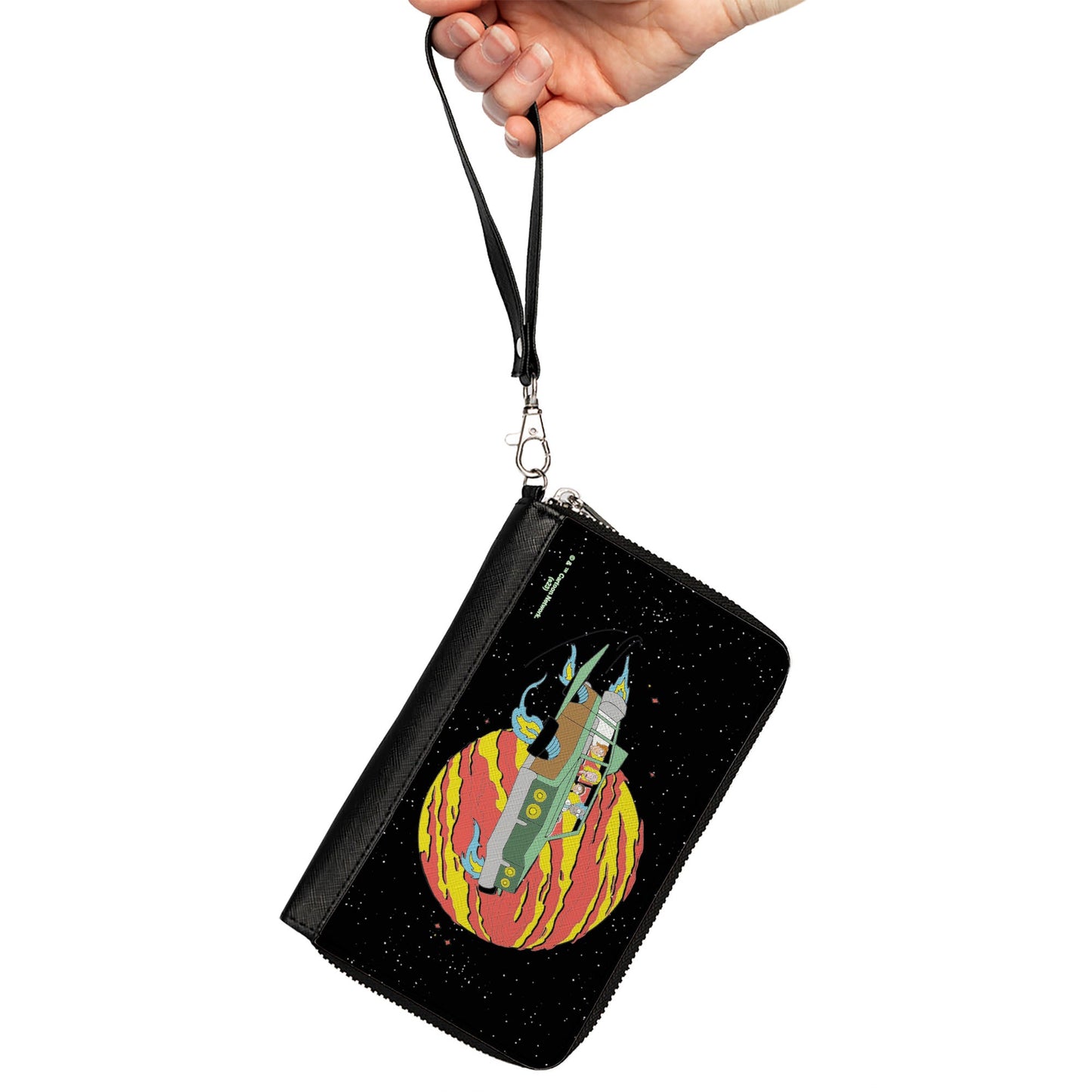 PU Zip Around Wallet Rectangle - Rick and Morty Smith Family Flying Car and Planet Pose Galaxy Black