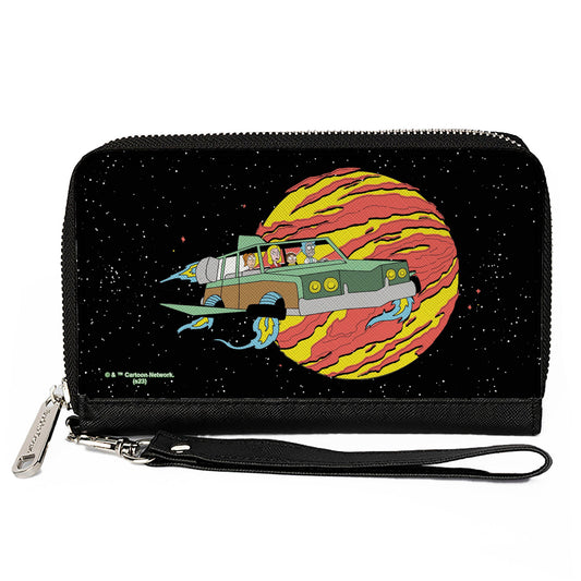 PU Zip Around Wallet Rectangle - Rick and Morty Smith Family Flying Car and Planet Pose Galaxy Black