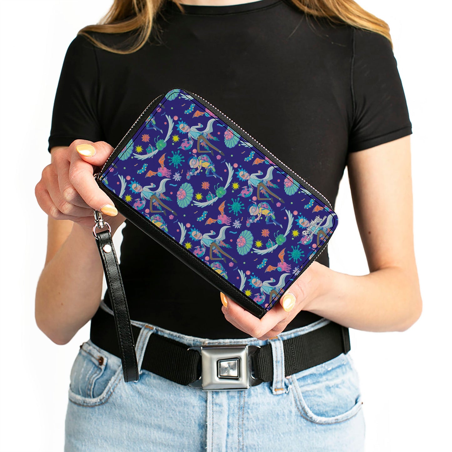 Women's PU Zip Around Wallet Rectangle - Rick and Morty Aliens and Cells Portal Gun Collage Purple