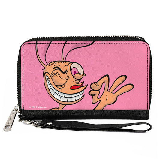 PU Zip Around Wallet Rectangle - The Ren & Stimpy Show Ren Winking Pose CLOSE-UP Pink