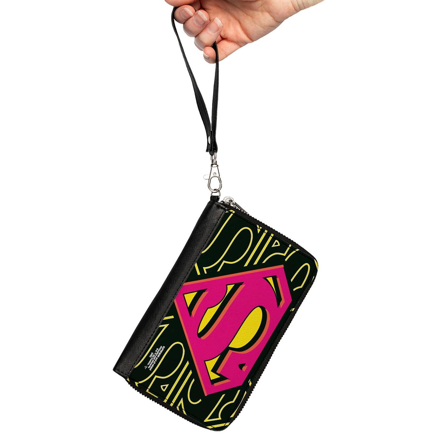 Women's PU Zip Around Wallet Rectangle - Superman Shield CLOSE-UP Outlines Black Yellow Orange Hot Pink