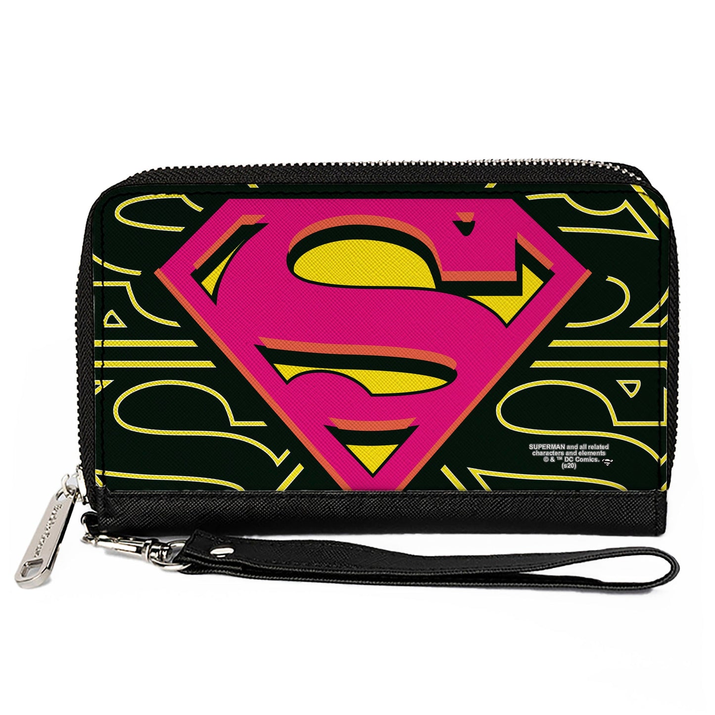 Women's PU Zip Around Wallet Rectangle - Superman Shield CLOSE-UP Outlines Black Yellow Orange Hot Pink