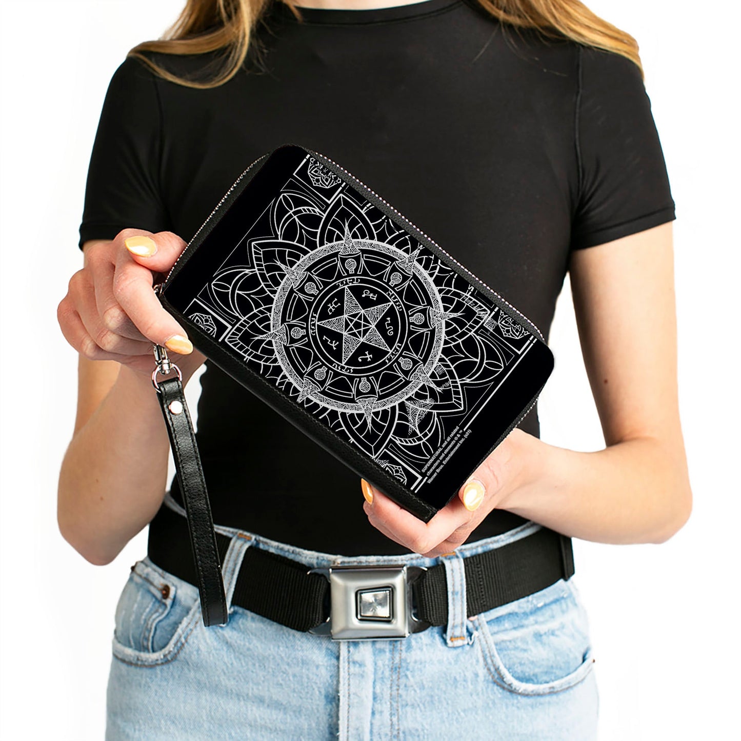 Women's PU Zip Around Wallet Rectangle - Supernatural Devil's Trap Symbol CLOSE-UP Black White