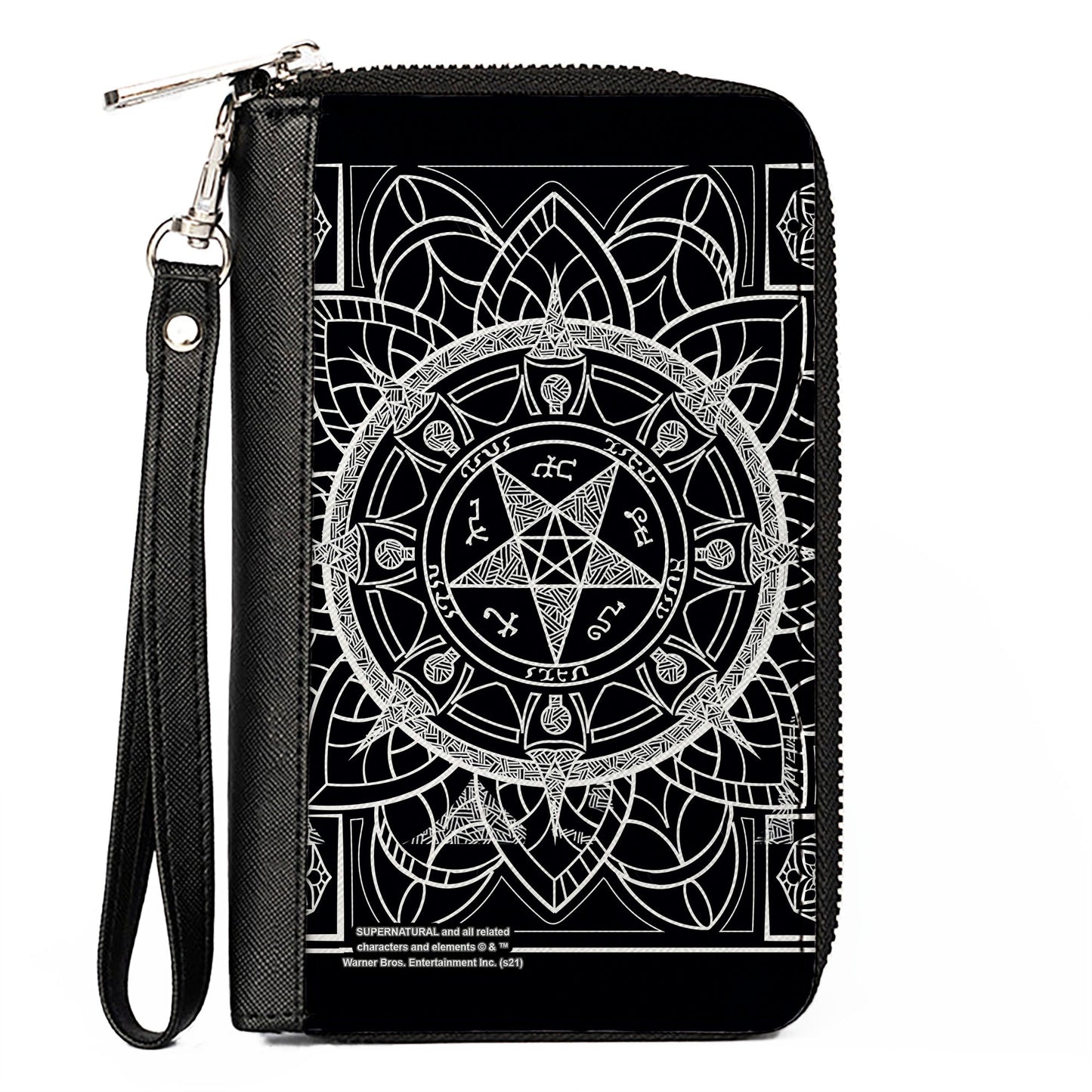 Women's PU Zip Around Wallet Rectangle - Supernatural Devil's Trap Symbol CLOSE-UP Black White