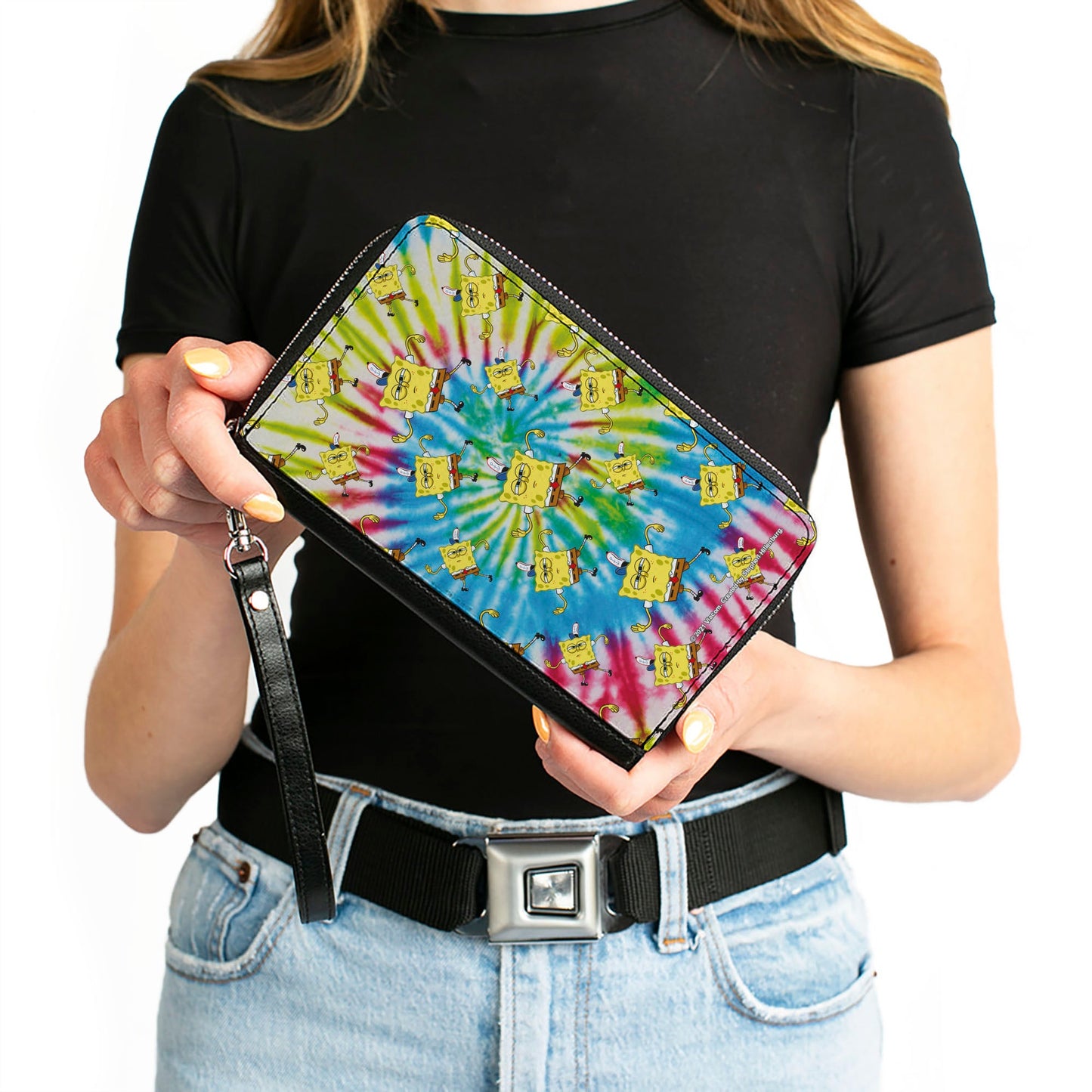 PU Zip Around Wallet Rectangle - SpongeBob Dancing Pose Scattered Tie Dye Multi Color