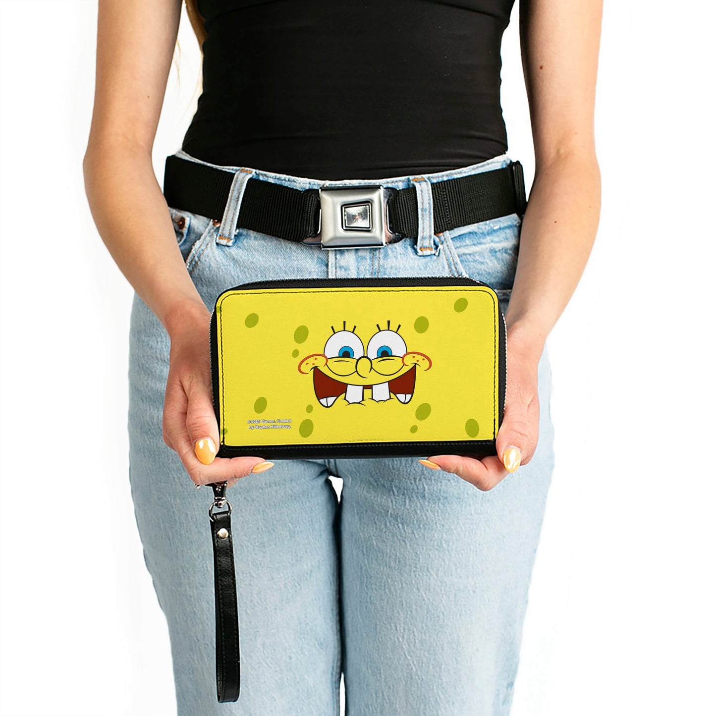 PU Zip Around Wallet Rectangle - SpongeBob Biting Lip Face Centered