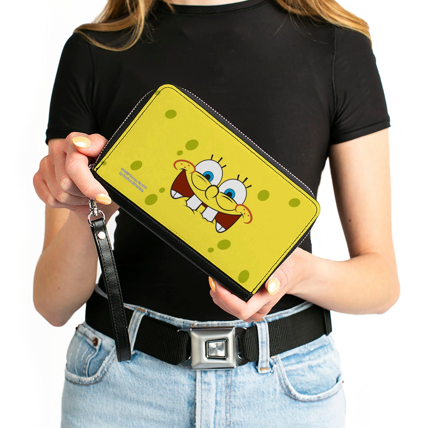 PU Zip Around Wallet Rectangle - SpongeBob Biting Lip Face Centered