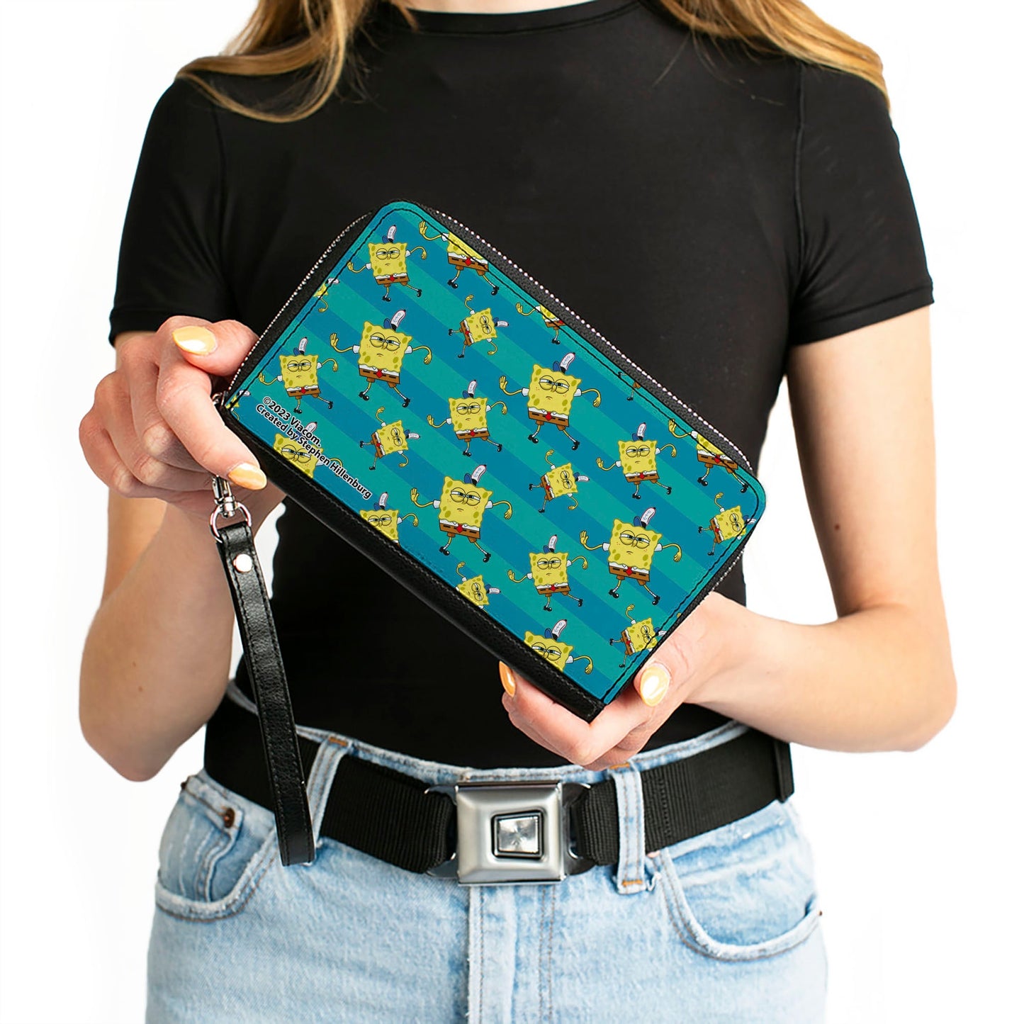 PU Zip Around Wallet Rectangle - SpongeBob Dancing Pose Scattered Stripe Teal Blues