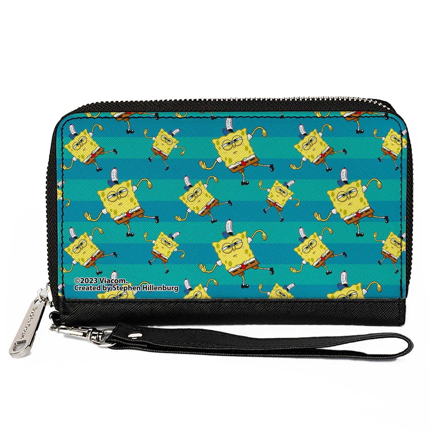 PU Zip Around Wallet Rectangle - SpongeBob Dancing Pose Scattered Stripe Teal Blues