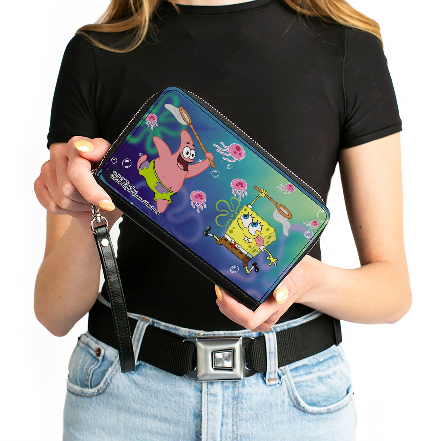 PU Zip Around Wallet Rectangle - Patrick Star & SpongeBob SquarePants Jellyfishing Catch Pose