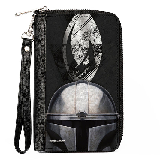 Women's PU Zip Around Wallet Rectangle - Star Wars The Mandalorian Mudhorn Armor Signet Helmet Grays