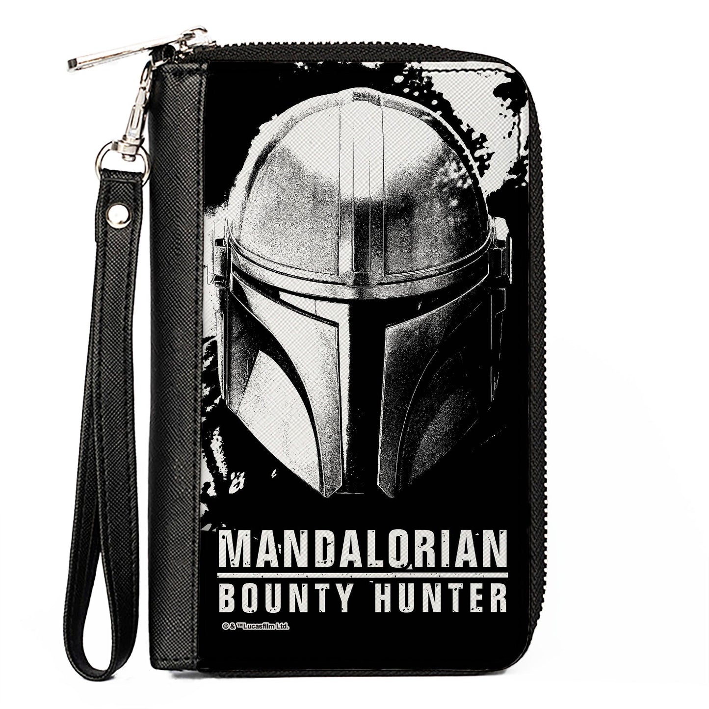 Women's PU Zip Around Wallet Rectangle - Star Wars The Mandalorian Helmet MANDALORIAN BOUNTY HUNTER Logo Weathered Black White