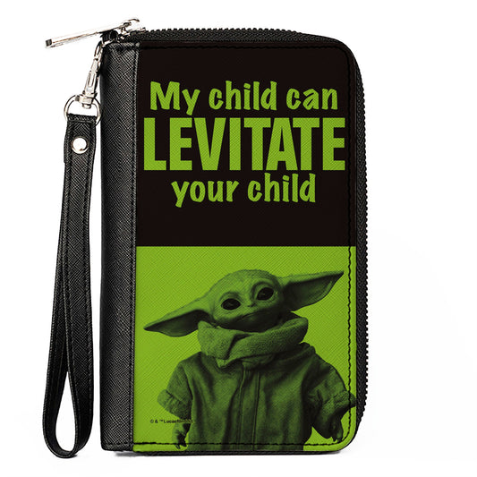 Women's PU Zip Around Wallet Rectangle - Star Wars The Child Standing Pose MY CHILD CAN LEVITATE YOUR CHILD Black Greens