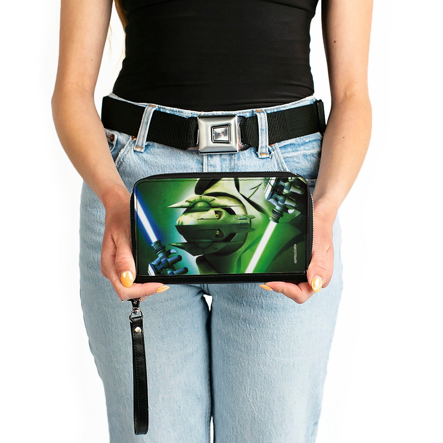 Women's PU Zip Around Wallet Rectangle - Star Wars the Clone Wars Grievous Lightsaber Pose Greens