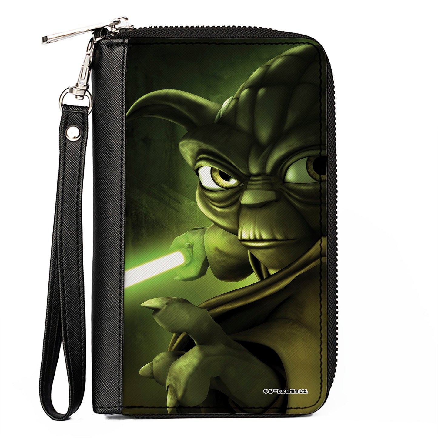 Women's PU Zip Around Wallet Rectangle - Star Wars the Clone Wars Yoda Lightsaber Pose Greens