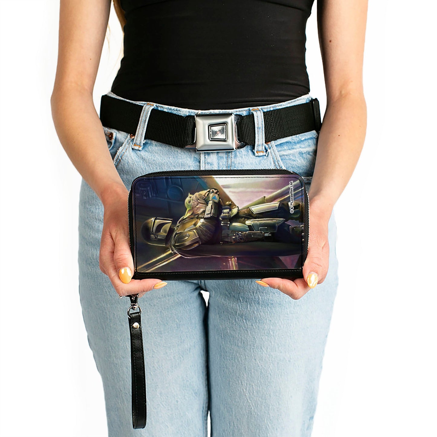 Women's PU Zip Around Wallet Rectangle - Star Wars The Mandalorian Carrying The Child Vivid Pose