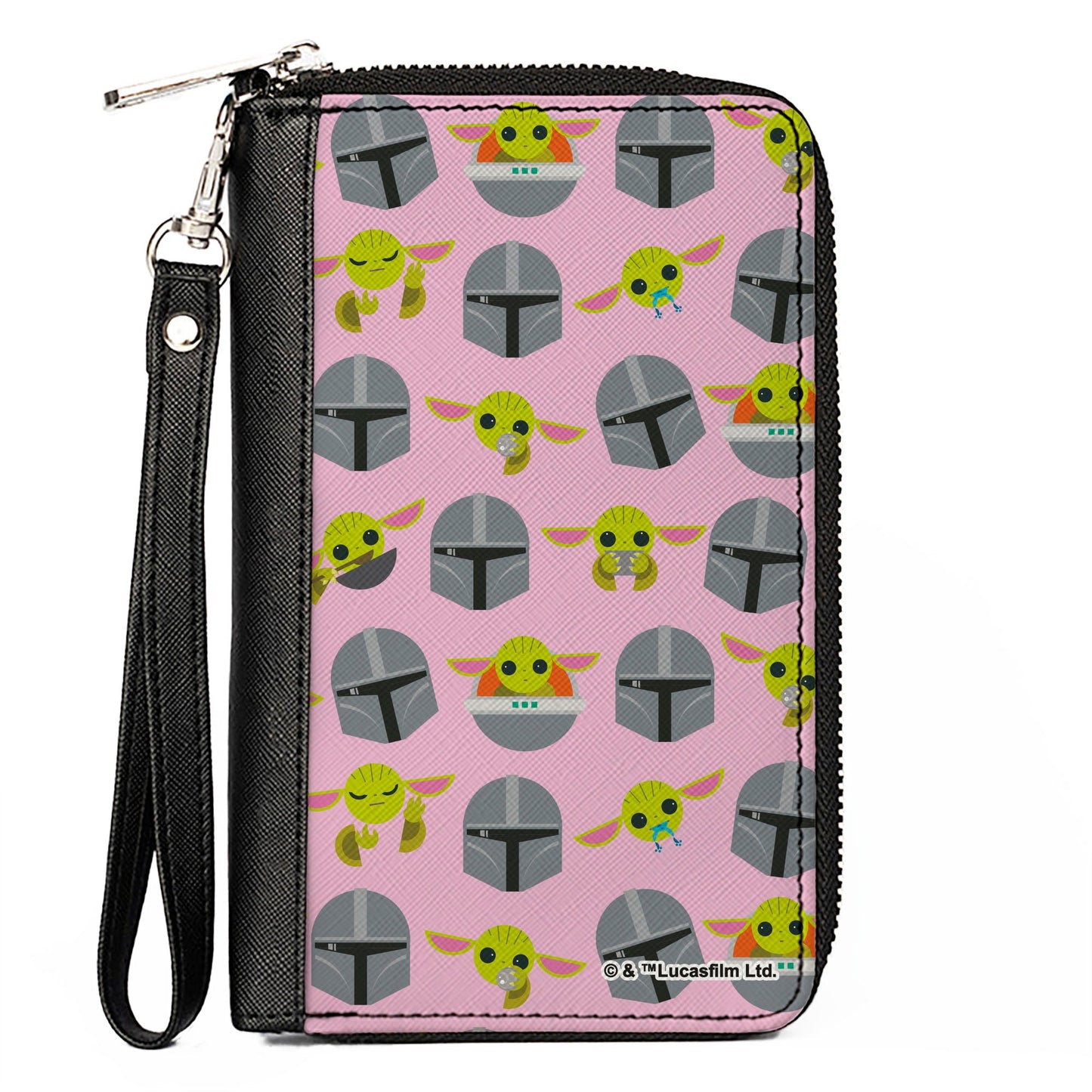 Women's PU Zip Around Wallet Rectangle - Star Wars The Mandalorian and Baby Yoda Poses Scattered Pink