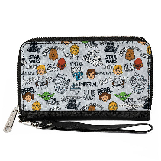 Women's PU Zip Around Wallet Rectangle - Star Wars Characters and Quotes Cartoon Collage Gray