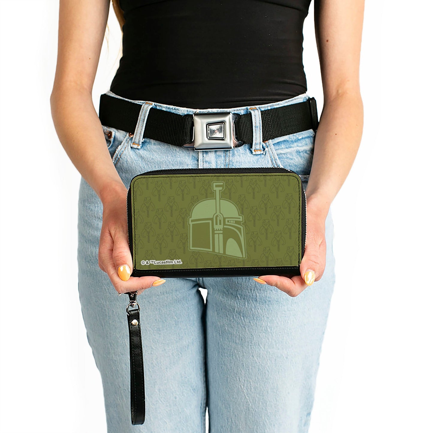 PU Zip Around Wallet Rectangle - Star Wars Boba Fett Helmet and Kyr'bes Skull Monogram Greens