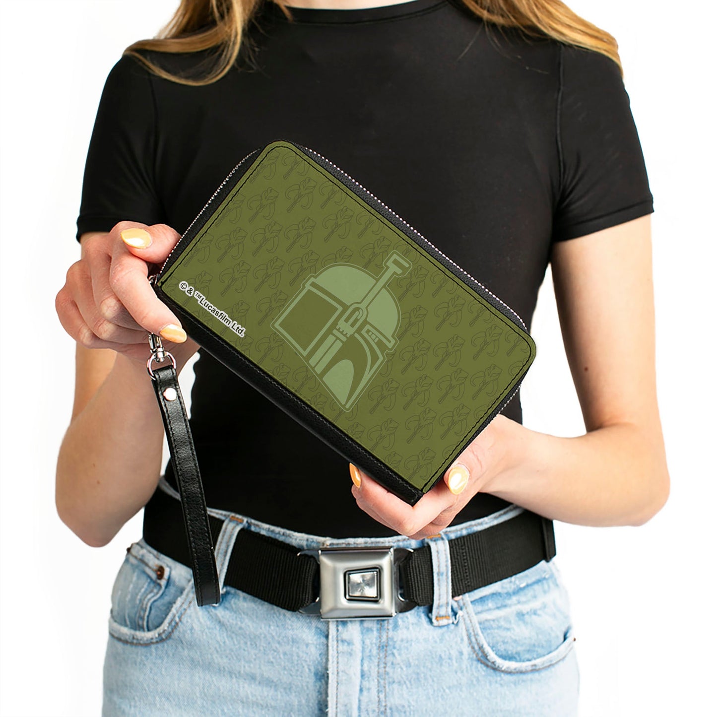 PU Zip Around Wallet Rectangle - Star Wars Boba Fett Helmet and Kyr'bes Skull Monogram Greens