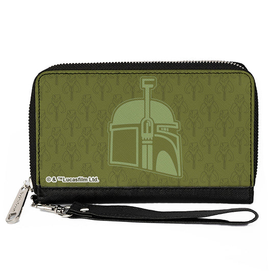 PU Zip Around Wallet Rectangle - Star Wars Boba Fett Helmet and Kyr'bes Skull Monogram Greens