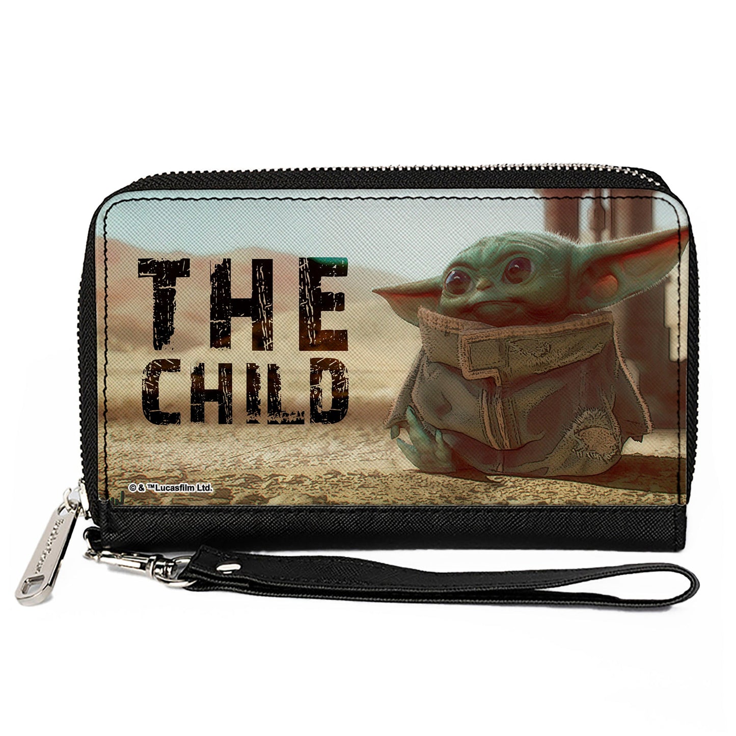 PU Zip Around Wallet Rectangle - Star Wars The Child Full Body Pose THE FORCE IS STRONG WITH THIS LITTLE ONE Vivid