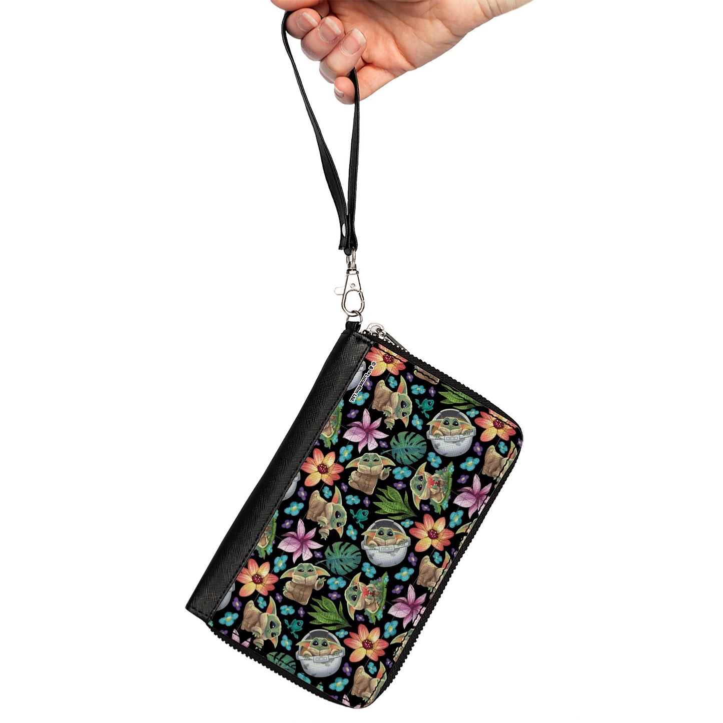 PU Zip Around Wallet Rectangle - Star Wars The Child Poses and Floral Collage Black/Multi Color