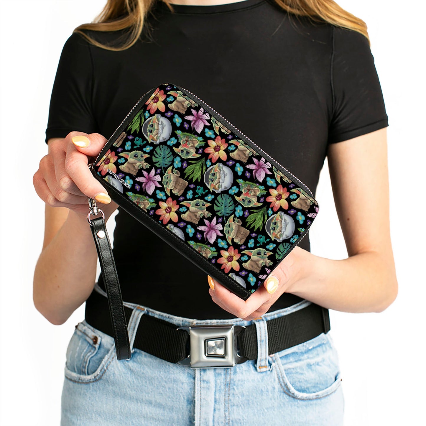 PU Zip Around Wallet Rectangle - Star Wars The Child Poses and Floral Collage Black/Multi Color