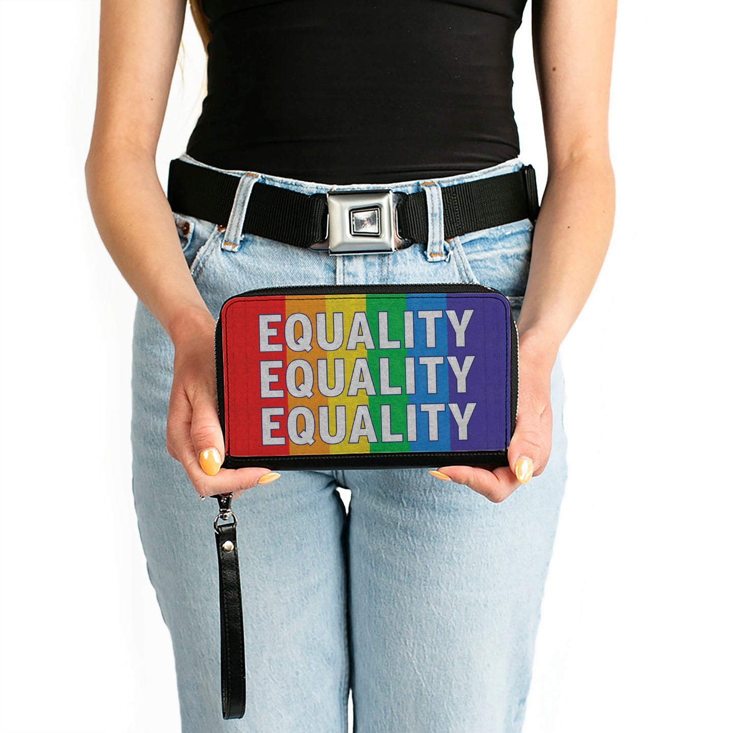 Women's PU Zip Around Wallet Rectangle - EQUALITY Blocks Rainbow Blue White