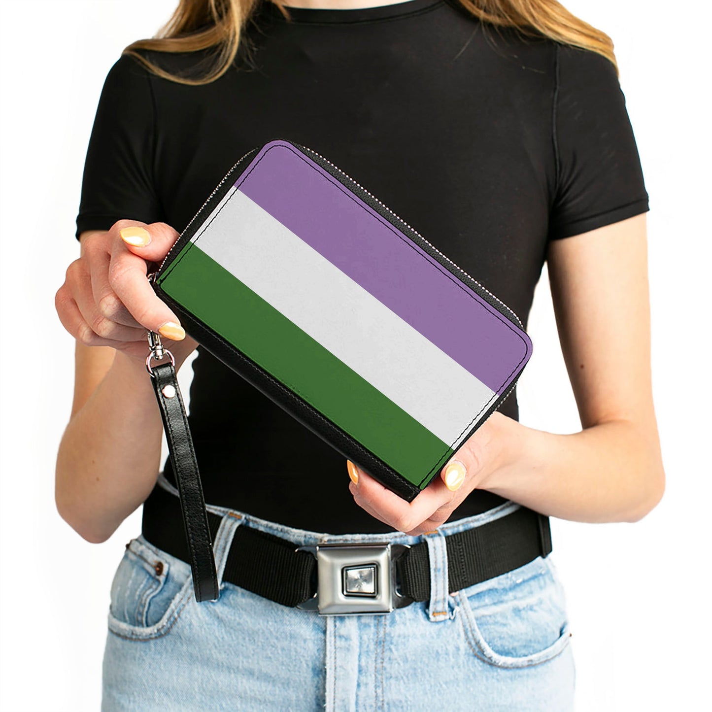 Women's PU Zip Around Wallet Rectangle - Flag Genderqueer Lavender White Green