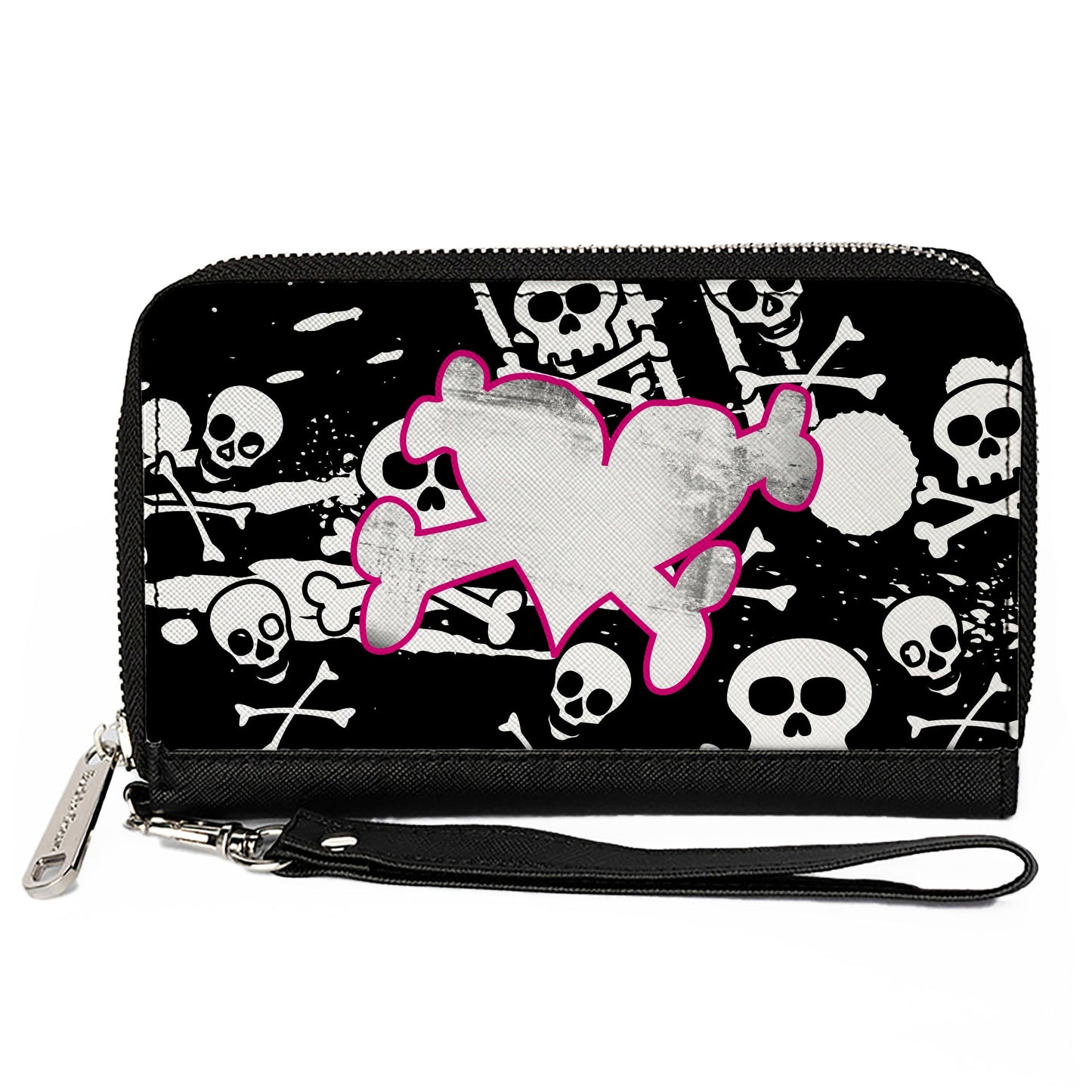 PU Zip Around Wallet Rectangle - Heart & Cross Bones w/Skulls & Splatter Black/White